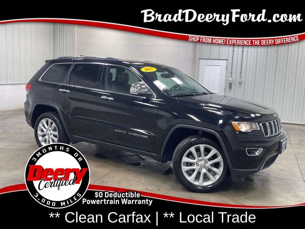 2017 Jeep Grand Cherokee Limited in Diamond Black Crystal Pearlcoat — front three-quarter view